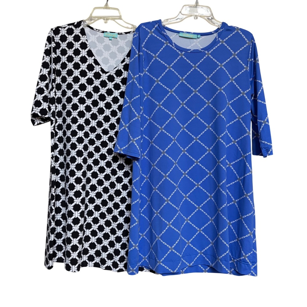 Lot 2‎ Anthony's Resort Wear Womens XL Shift Dress Blue Black Geometric Lattice